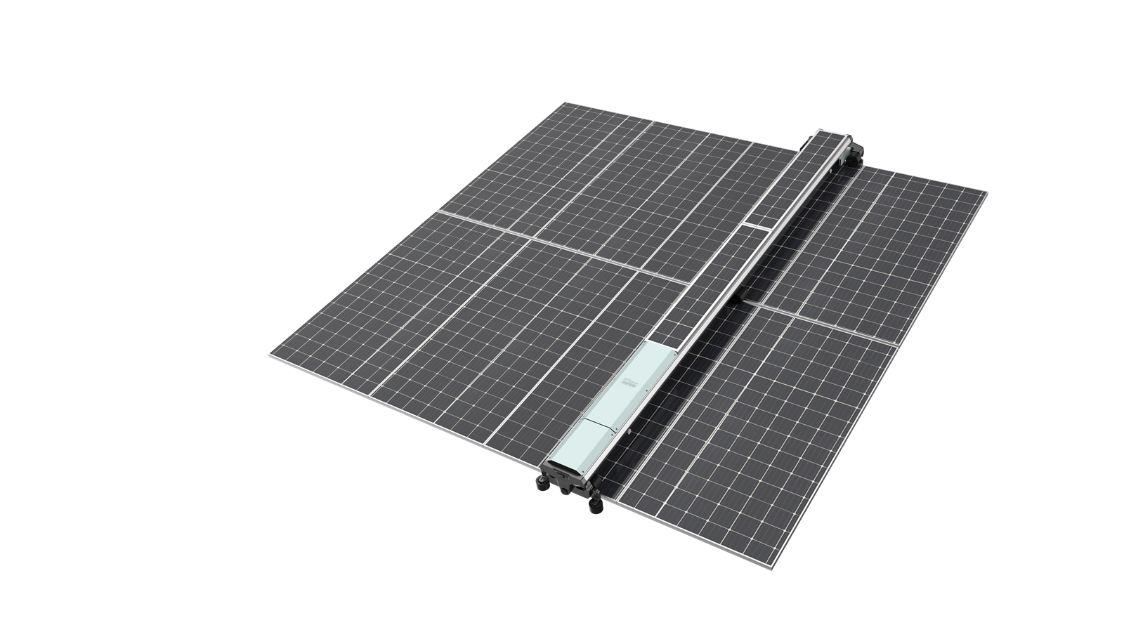 Enerbot E2 Pro solar cleaning robot spanning diagonally across a ground-mount panel row, isolated studio render