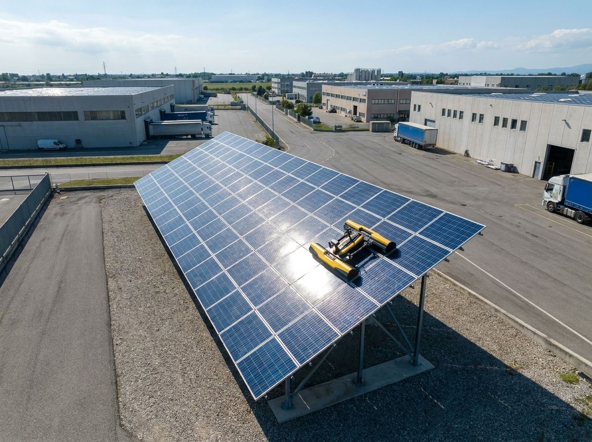 Aerial view of the E1 Pro robot cleaning a solar carport array beside a warehouse