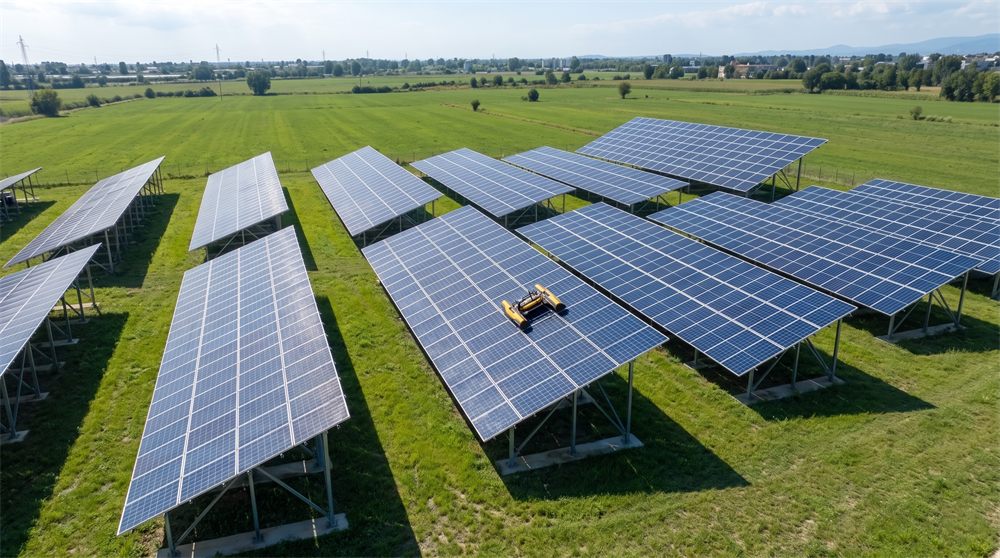 Aerial view of the E1 Pro robot cleaning a ground-mount solar farm surrounded by fields