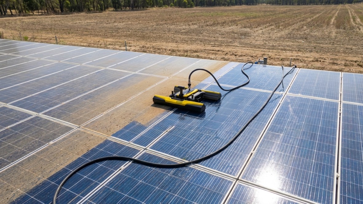 E1 Pro robot mid-clean on a rooftop solar array, dust-covered panels on one side and freshly cleaned panels on the other